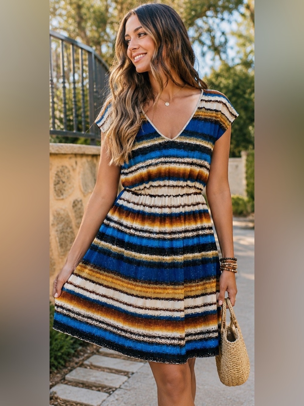 IZ Byer Striped Knee Dress Blue Brown Boho Fit Flare Medium - Picture 1 of 6